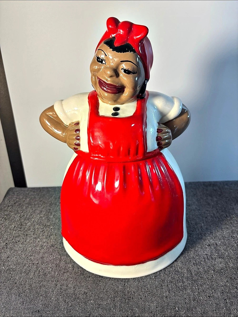 Vintage. Beautiful Woman with Red Nails. Red & White Ceramic Cookie Jar